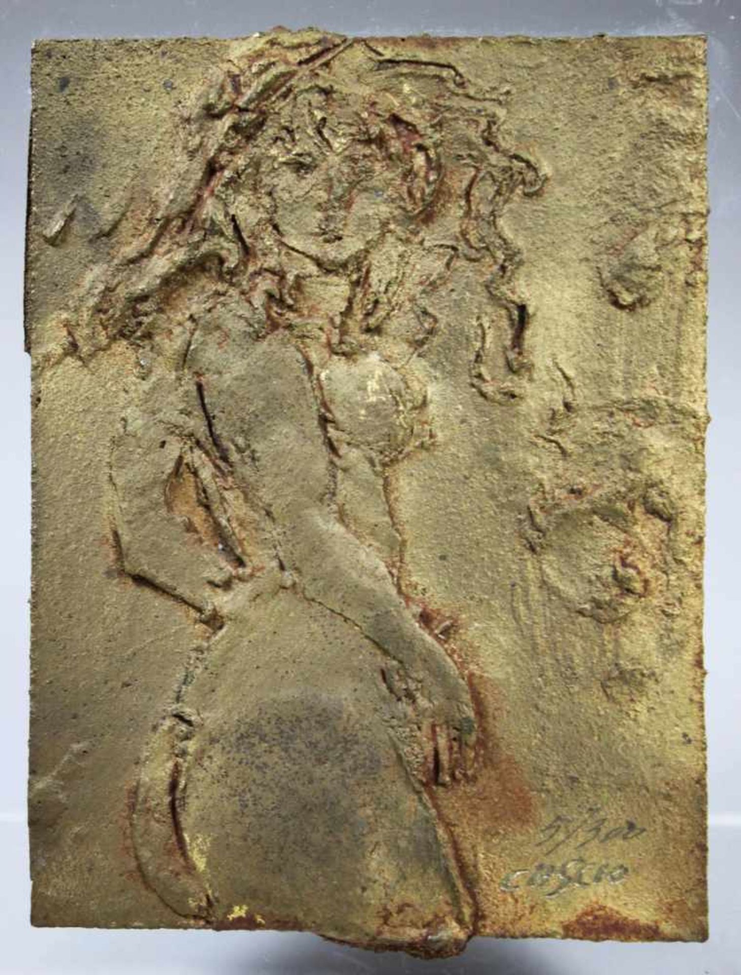 Bronzerelief, Frauenakt, sign.: Cascio, 5/300, Maße: 12,5 x 9,5 cm, auf PLexiglas montiert 17 x 14
