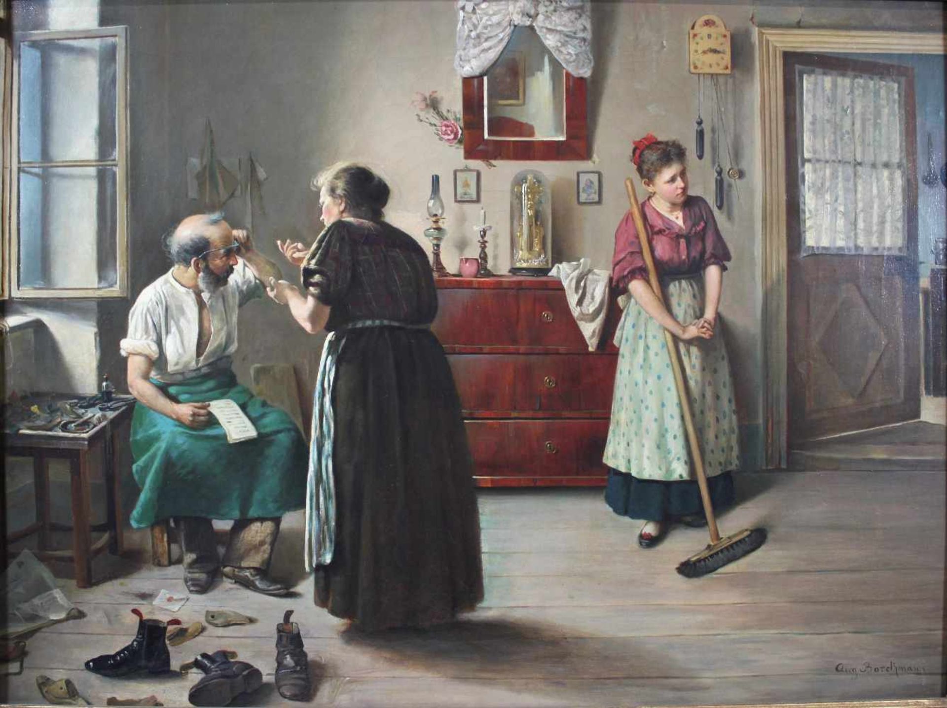 August Borckmann (1827 - 1890), Genregemälde: Im Haus des Schuhmachers, Öl a. Leinwand, un. rechts