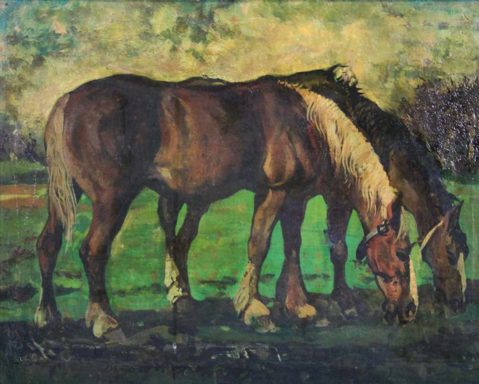 Karl Jänich (*1916 in Rheydt), Zwei weidende Pferde, Öl auf Lwd. auf Holz, un. rechts sign., Maße: