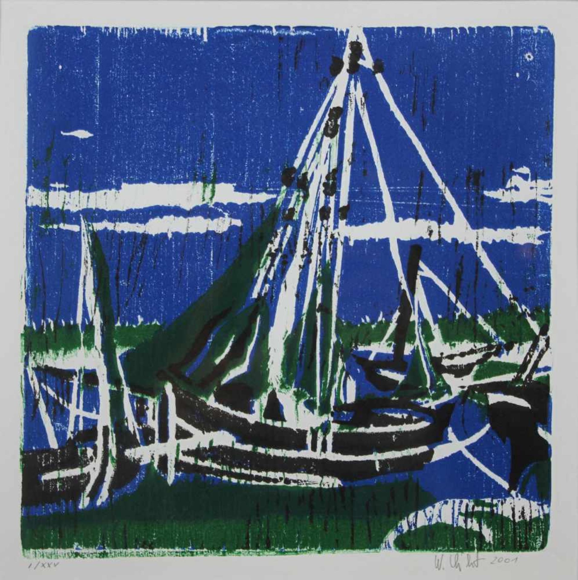 Segelschiffe, 2001, farbiger Linolschnitt, sign. u. dat., numm.: I/XXV, Lichtmaße: 23 x 22,5 cm,