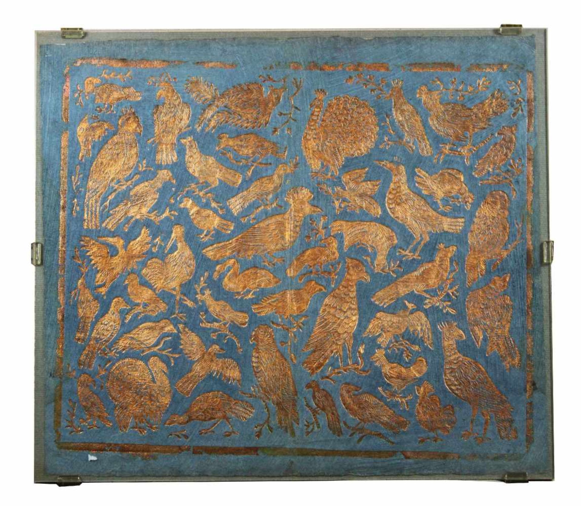 Prägedruck, Gold auf blauem Brokatpapier mit goldenen Vögeln, ca. 18 Jh., Augsburg, verschiedenste
