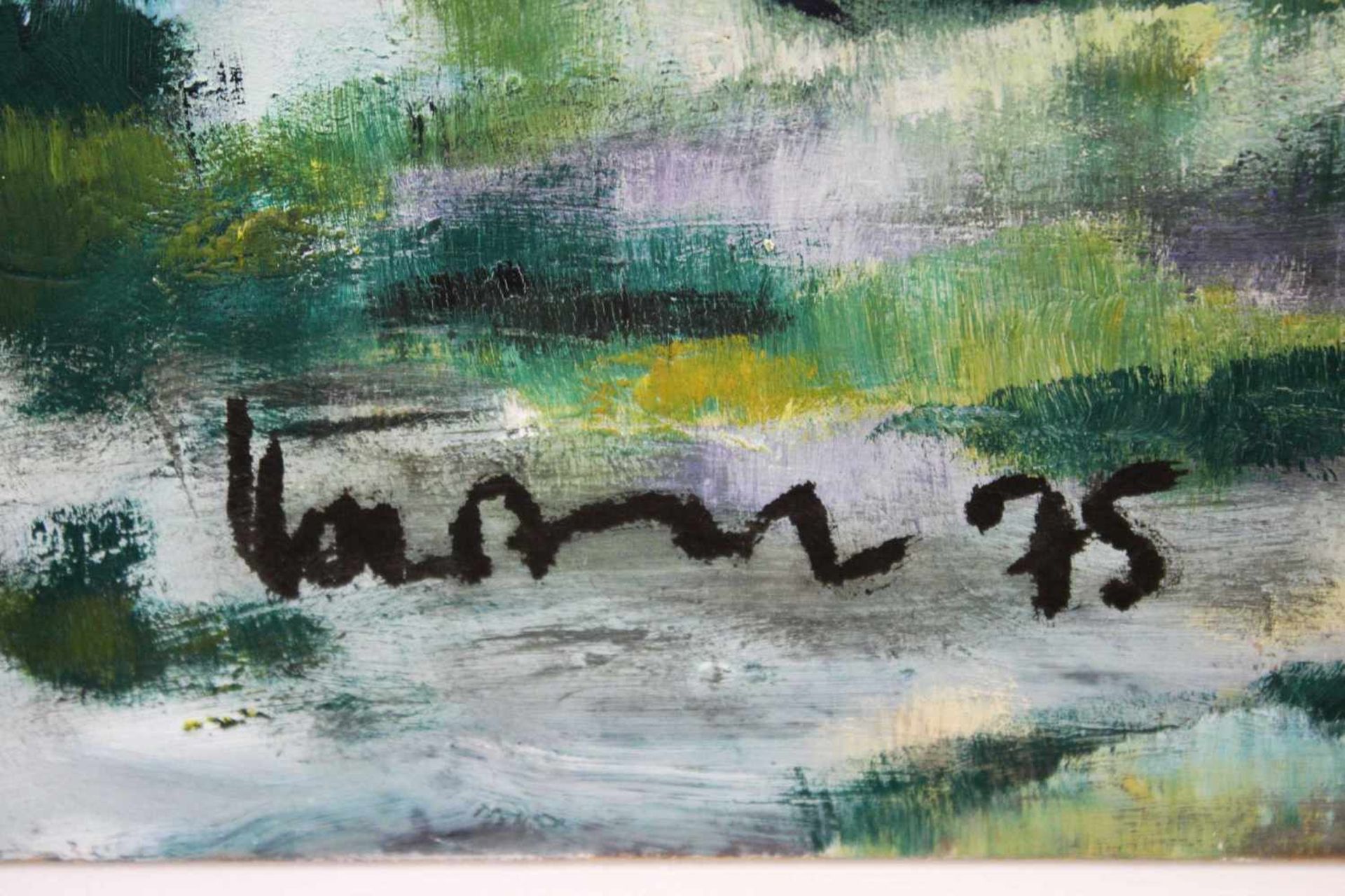 Landschaft, 1975, Öl auf Hartfaserplatte, unten links unlesbar sign., datiert, Maße: 74 x 114 cm, - Bild 2 aus 2