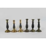 6 Louis Philippe Leuchter, Messing vergoldet, drei Leuchter mit breitem Fuß, Hals mit