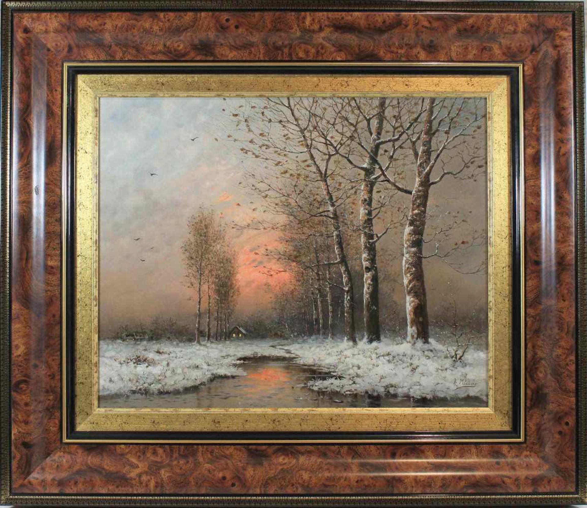 Winterlandschaft, 20 Jh., Öl a. Holz, un. rechts sign.: A. Müller, Maße: 39 x 49 cm, gerahmt: 64 x - Bild 2 aus 3