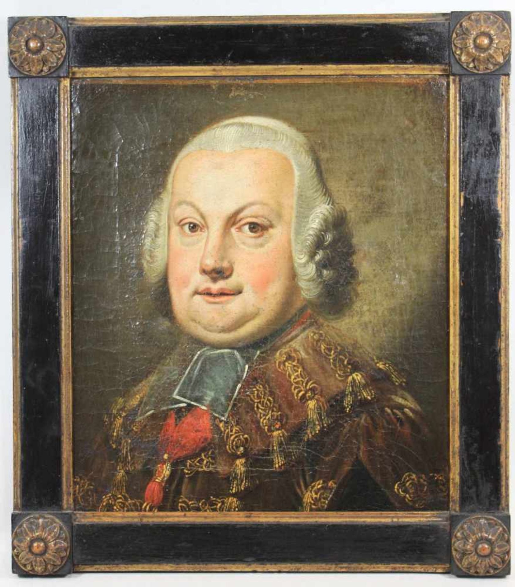 Porträt eines Mannes, 18 Jh., Öl a. Lwd, rückseitig auf dem Rahmen altes Klebeetikett: Ber. 43. Bild - Bild 2 aus 2
