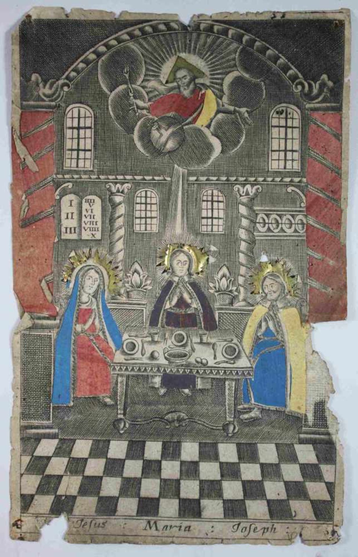 Konvolut aus 3 antiken Klosterarbeiten, Papier, Stoff, gerahmt: 1. Hl. Nepomuk, Märtyrerpalme in der - Bild 4 aus 4