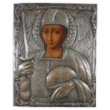 Heiliger Michael,18../ 19 Jh.,auf Holztafel ,Gesicht ausgespart, mit Helm, Kettenhemd, Schwert und