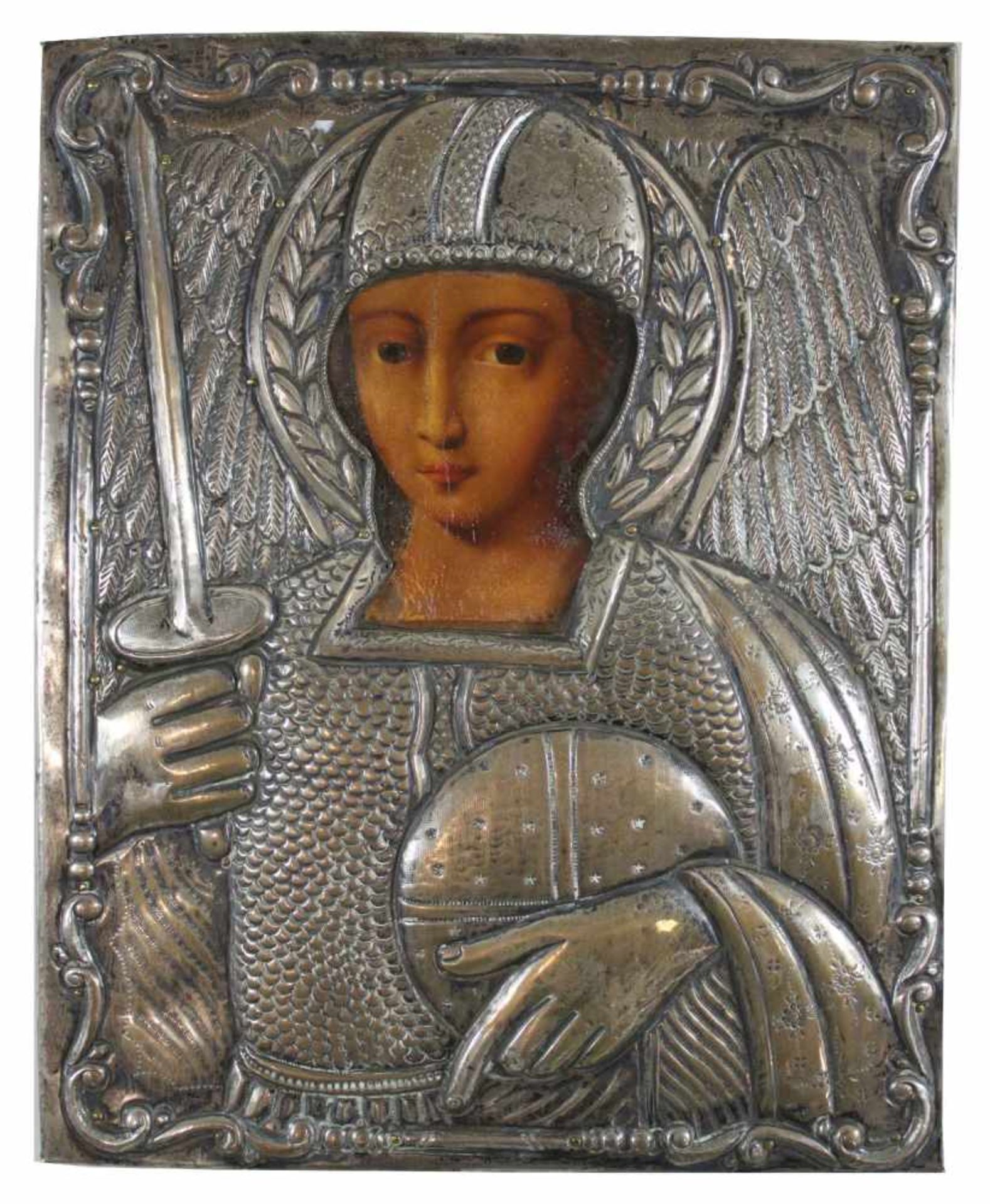 Heiliger Michael,18../ 19 Jh.,auf Holztafel ,Gesicht ausgespart, mit Helm, Kettenhemd, Schwert und