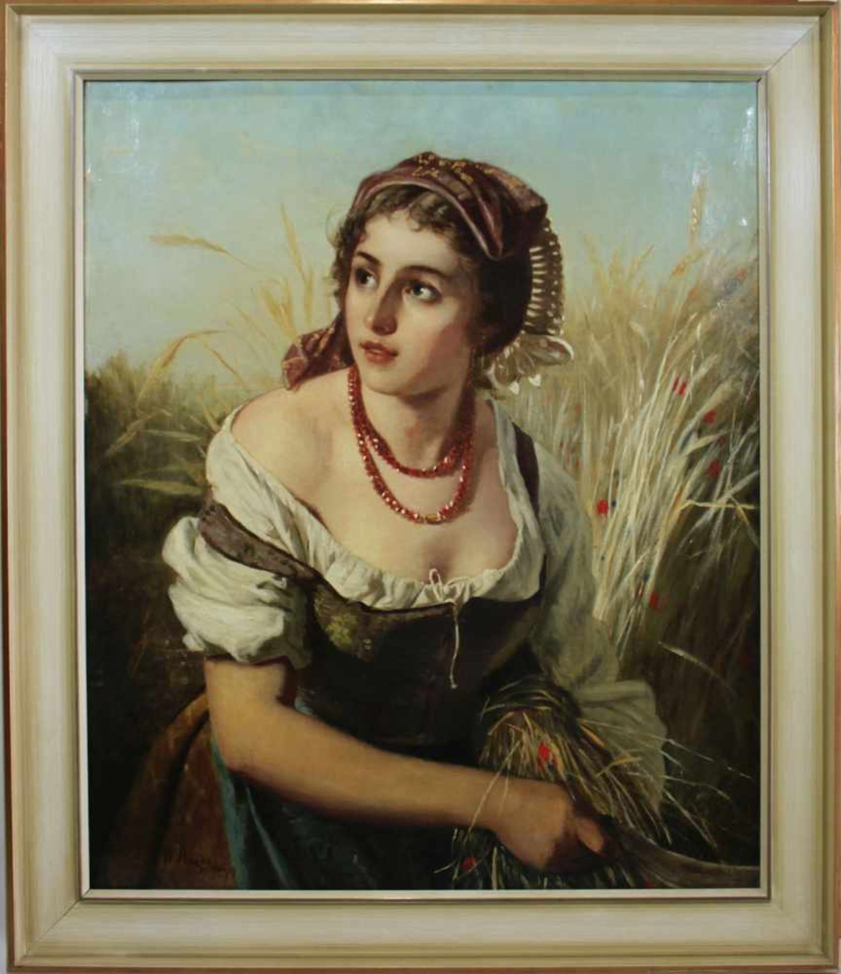 Künstler 19. Jh., Junge Bäuerin bei der Ernte, 1879, Öl a. Lwd., unten links sign. und dat.: W. - Bild 2 aus 3