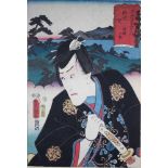 Farbholzschnitt, Utagawa Kunisada (japanisch, 1786 - 1864), Samurai mit Lanschaftsblick im