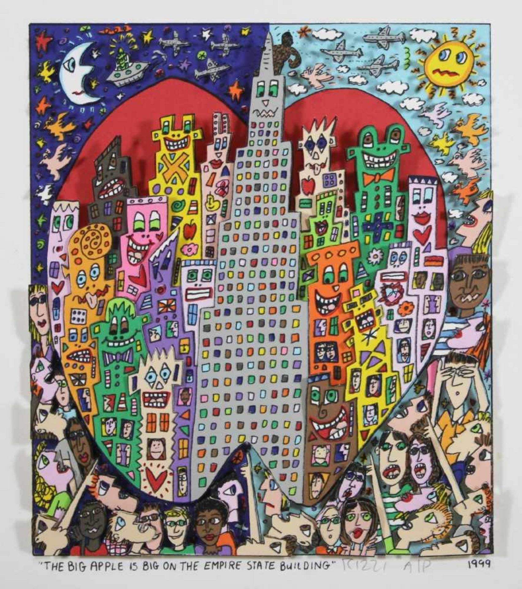 James Rizzi (1950 - 2011), The big apple is big on the Empire State Building 1999, 3-D Lithografie