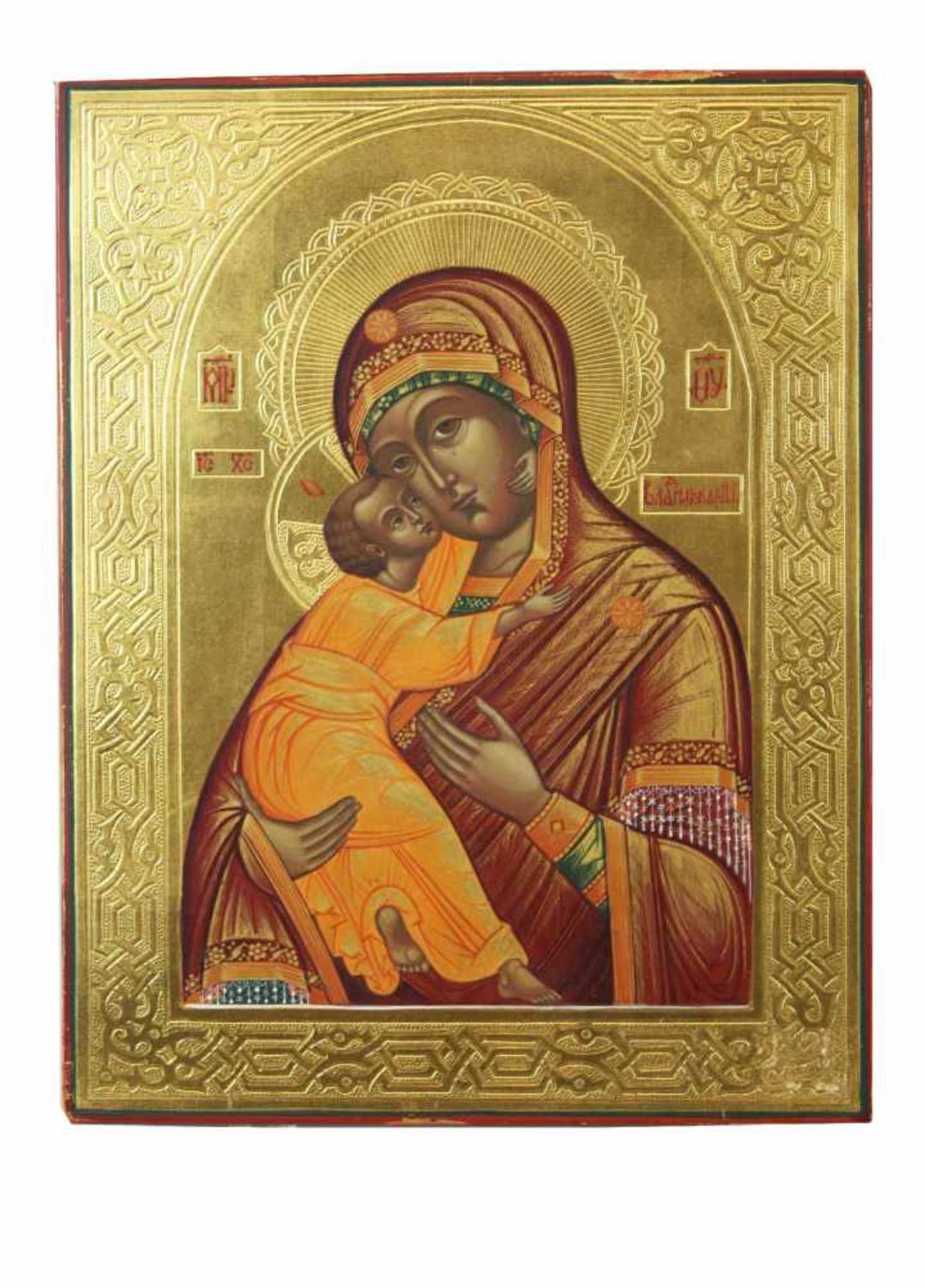 Gottesmutter von Wladimir, kleine Ikone, Russland, Holztafel mit zwei Rückensponki, goldener Fond