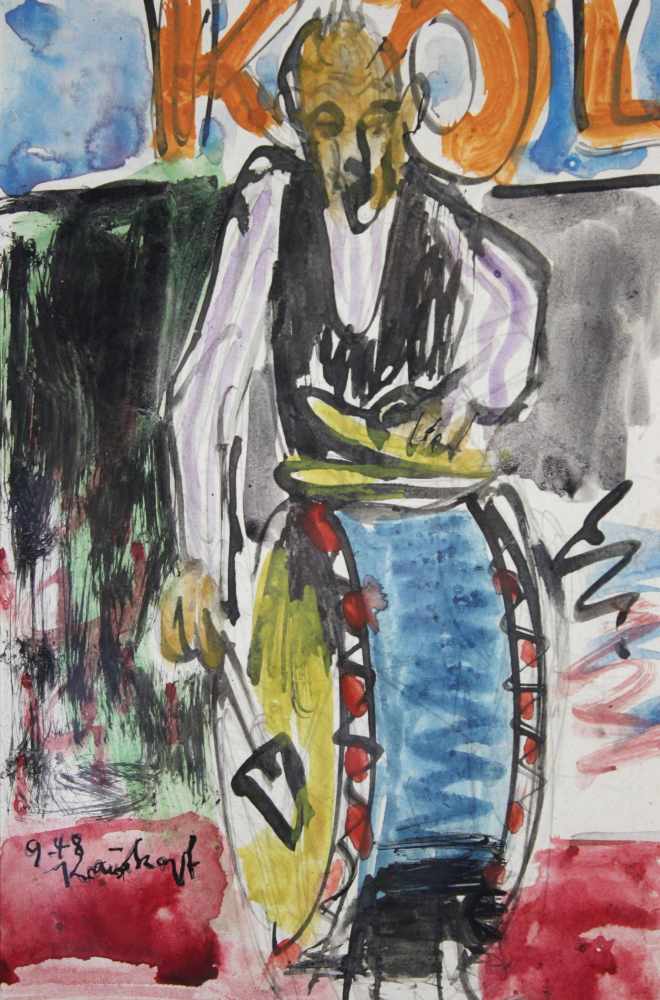 Karl Heinz Krauskopf (1930 - 1984), Musiker mit Trommel, 1948, Aquarell auf Papier, unten links