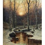 August Mötsch (deutsch, 1869 - 1952) Winterliche Waldlandschaft mit Wildschweinen, Öl a. Lwd., unten