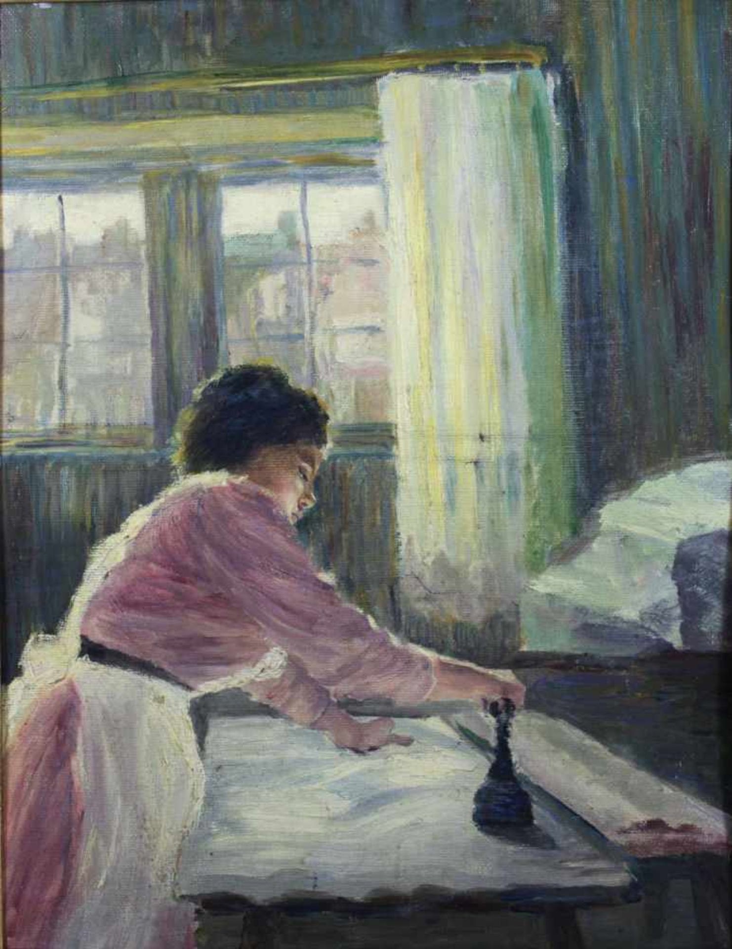 Anonymer Impressionist, Die Büglerin, um 1900, Öl a. Lwd. a. Karton aufgezogen, Maße: 47 x 35,5