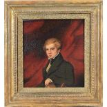 Biedermeier Portrait eines jungen Mannes, hinter einen duneklroten Grund, Öl a. Holz, Maße: ca. 19,5
