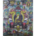 Thangka, Rollbild, Stoff, Buddha Amitabha zentral umgeben von Mönchen in versch. Situationen,