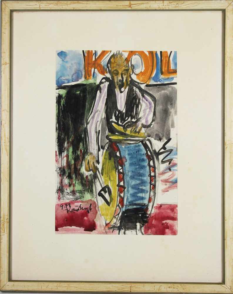 Karl Heinz Krauskopf (1930 - 1984), Musiker mit Trommel, 1948, Aquarell auf Papier, unten links - Image 2 of 3