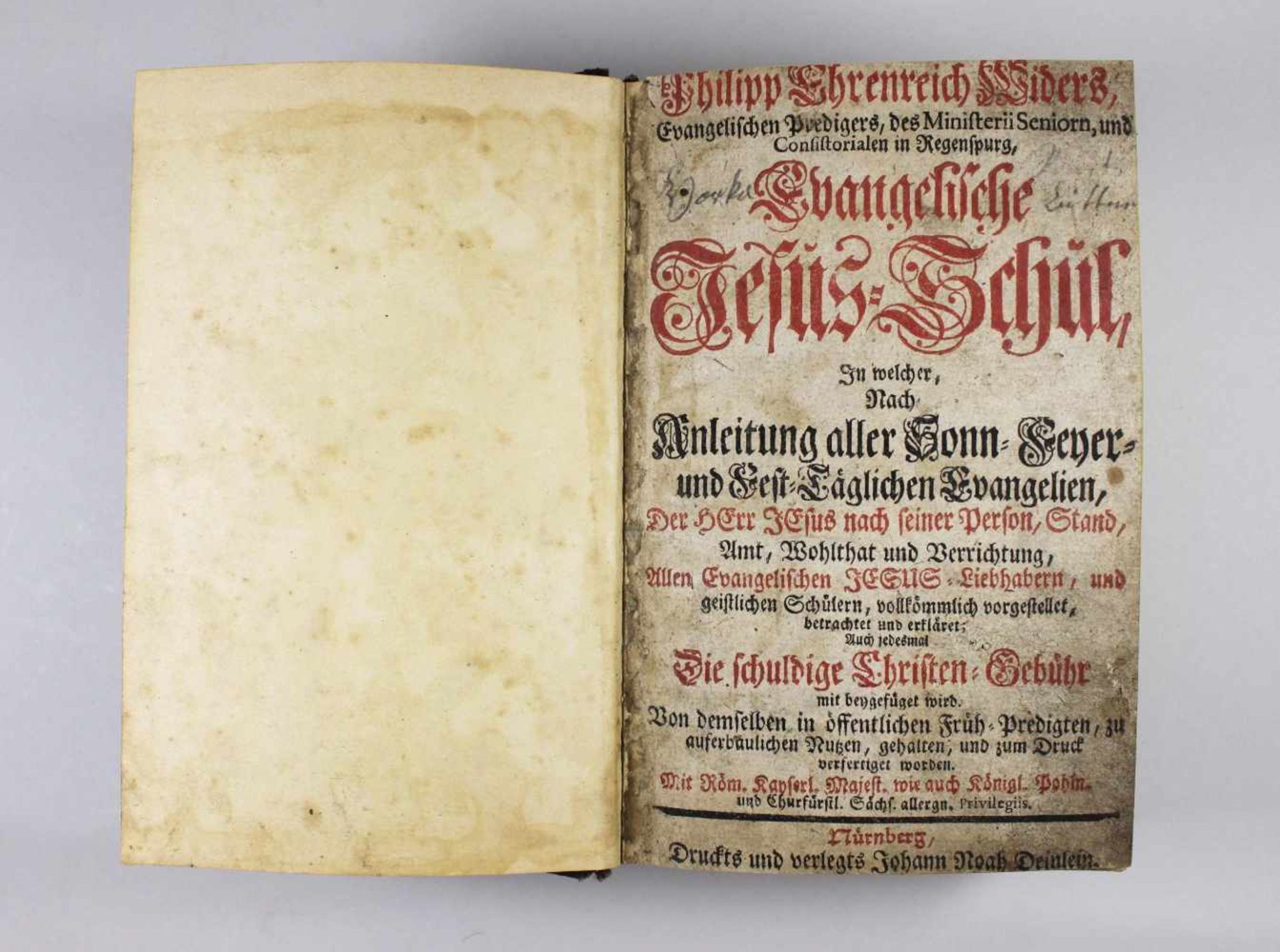 Evangelische Jesusschule 1728, gedruckt und verlegt: Johann Noah Deinlein, Nürnberg, Altersbedingter