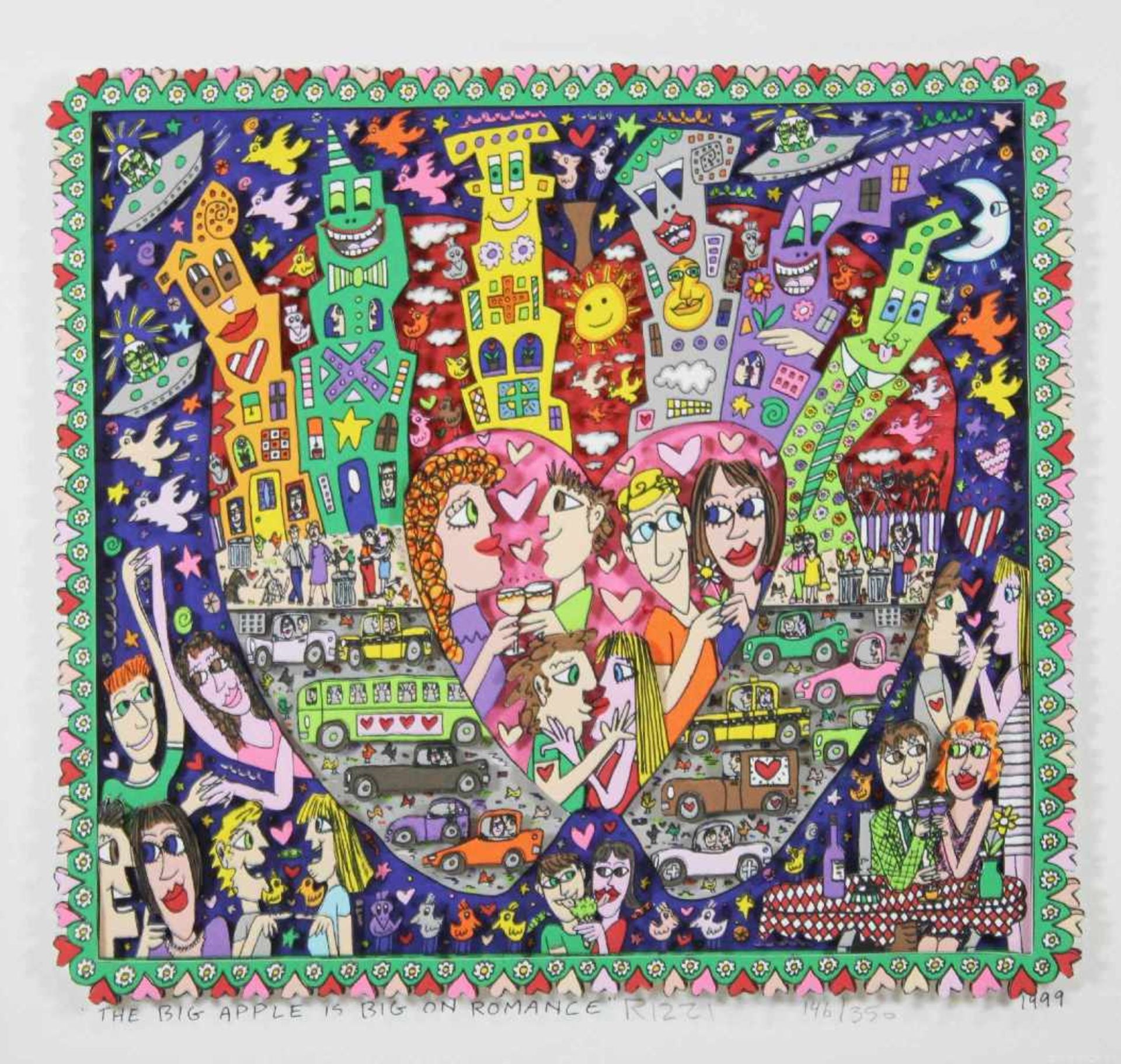 James Rizzi (1950 - 2011), The big apple is big on romance 1999, 3-D Lithografie in Farbe, im