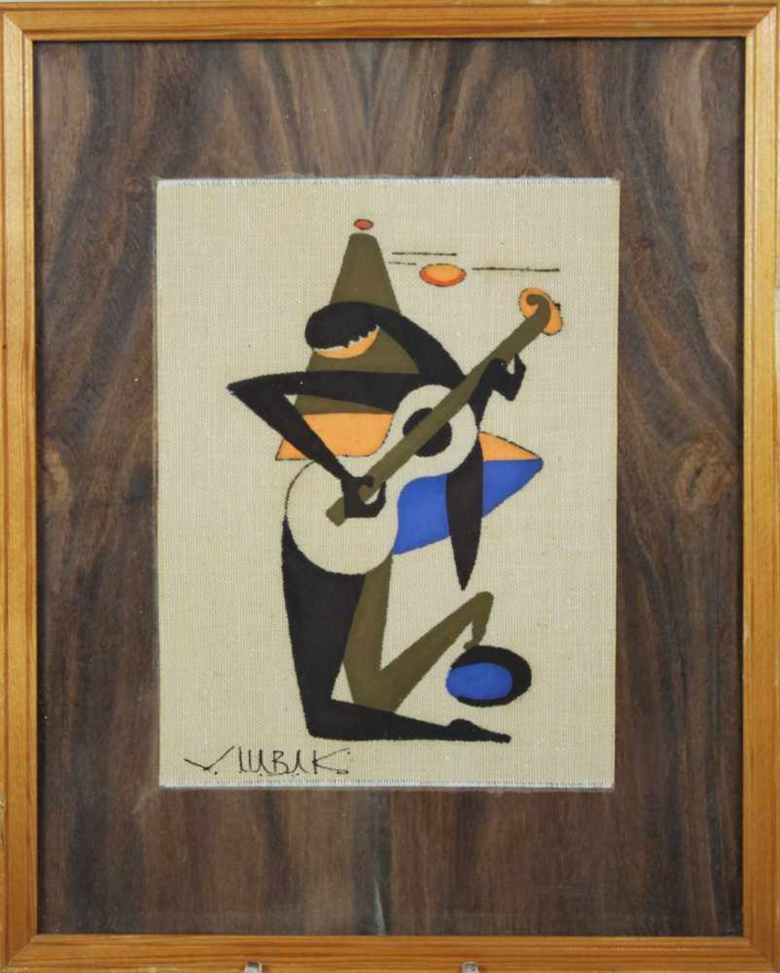 Gitarre spielende Figur, Print a. Stoff, a. Holz, sign. Maße: 16,5 x 12,5 cm, verglast, gerahmt. - Bild 2 aus 2