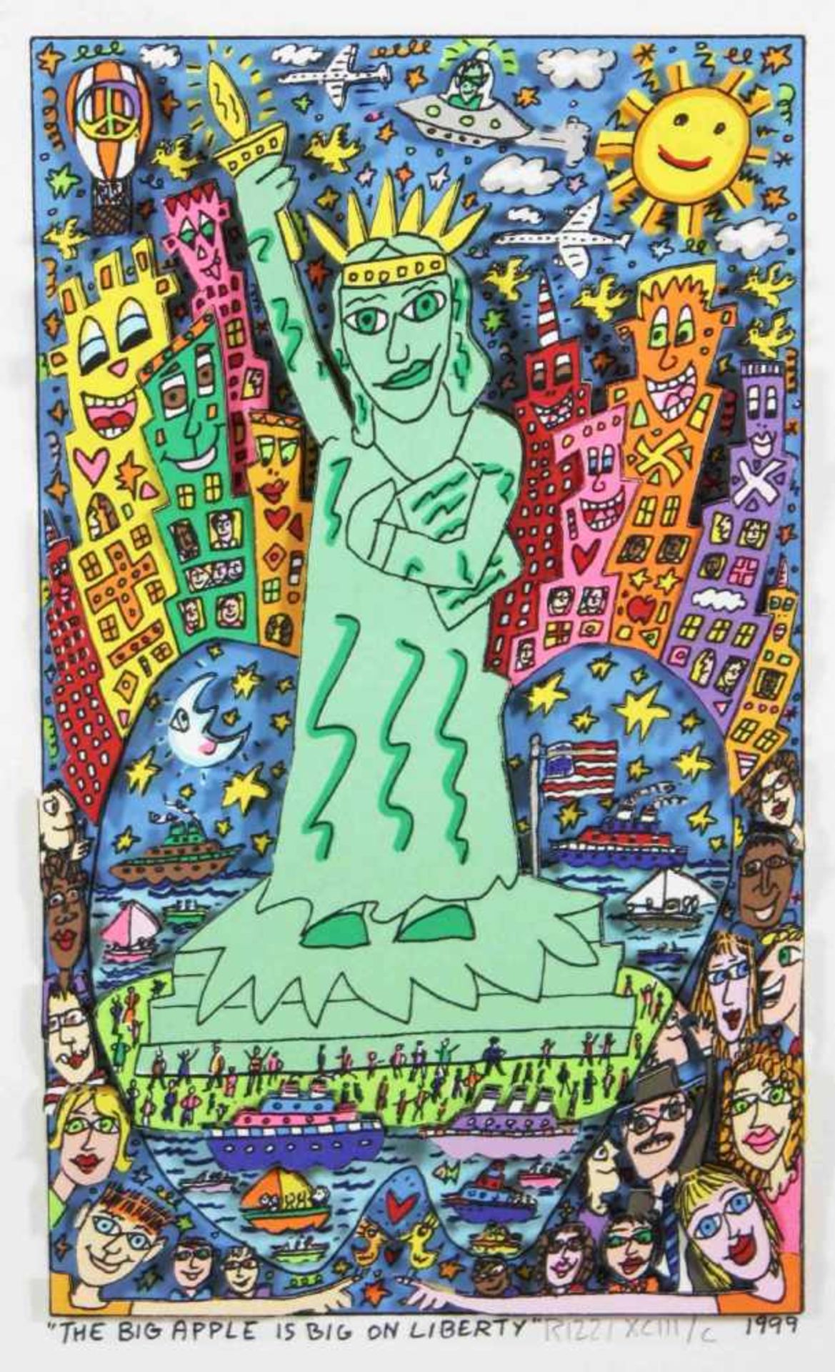 James Rizzi (1950 - 2011), The big apple is big on Liberty, 1999, 3-D Lithografie in Farbe, im Stein