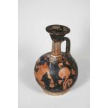 Etruskisches Ölgefäß - Aryballos, Ende 5. Jh. v. Chr., pseudo-rotfiguriger Dekor. H.: 13 cm, B.: ca.