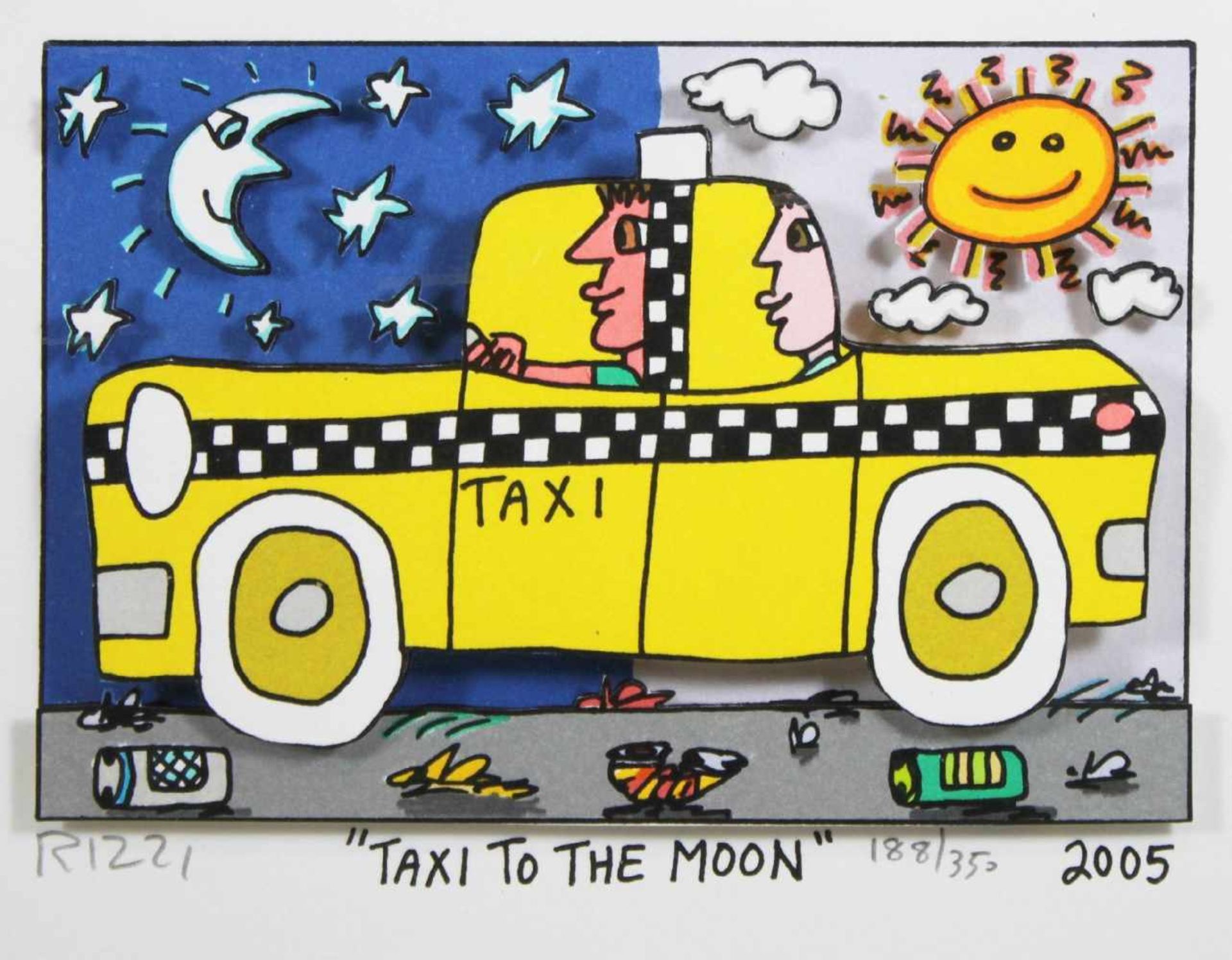 James Rizzi (1950 - 2011), Taxi to the Moon, 2005, 3-D Lithografie in Farbe, im Stein betitelt,