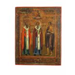 Ikone mit 3 Heiligen, Russland, 19. Jh., Holztafel mit zwei Stirnseitensponki, im oberen Bildfeld