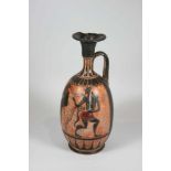 Etruskisches Öl-/ Salbeigefäß, Ende 5. Jh. v. Chr.,schwarzfigurige Malerei. H.: 28 cm, B.: ca. 13