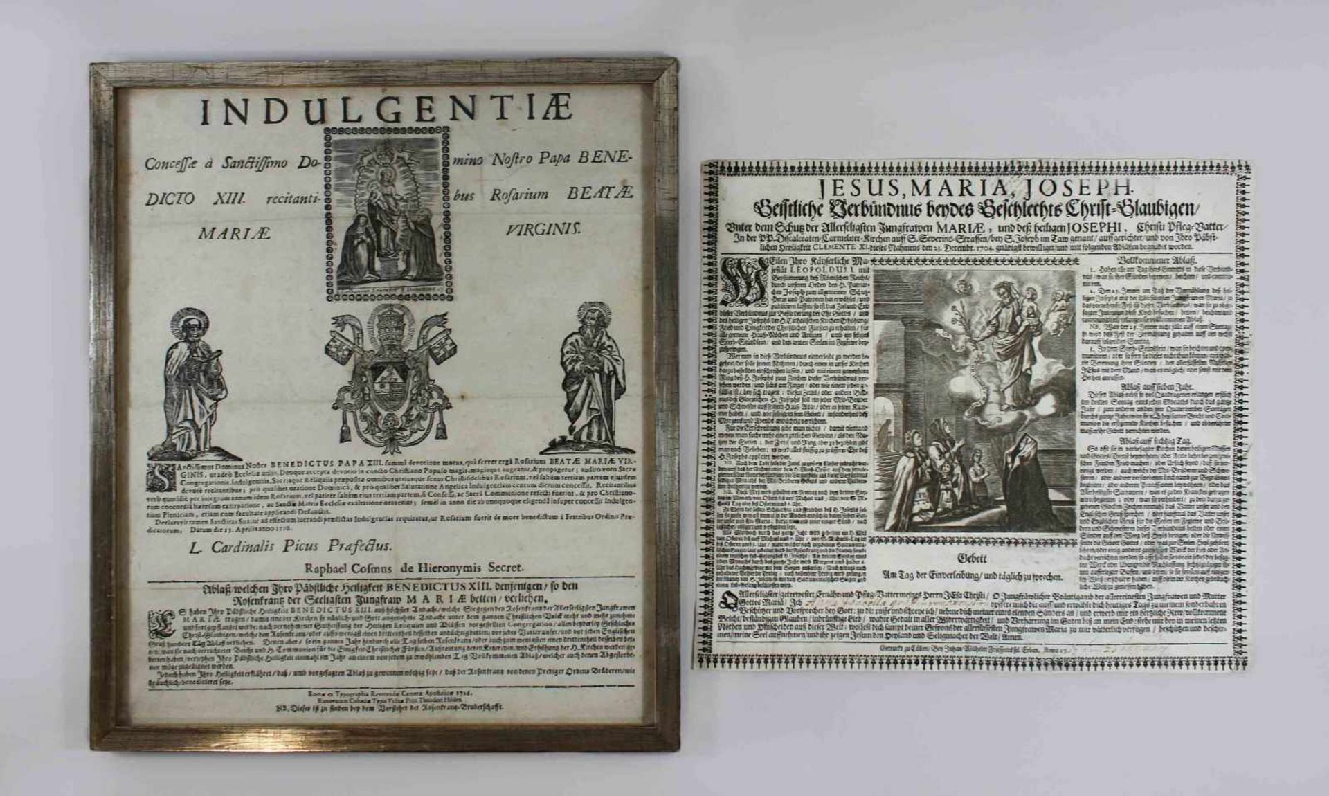 Konvolut aus 2 Urkunden, Kupferstich auf Papier. Indulgenz, Rom, 1726, ca. 37 x 32,5 cm,