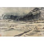 Japanischer Farbholzschnitt, Winterlandschaft, 19. Jh., Lichtmaße: 23 x 35 cm, Pass., verglast,