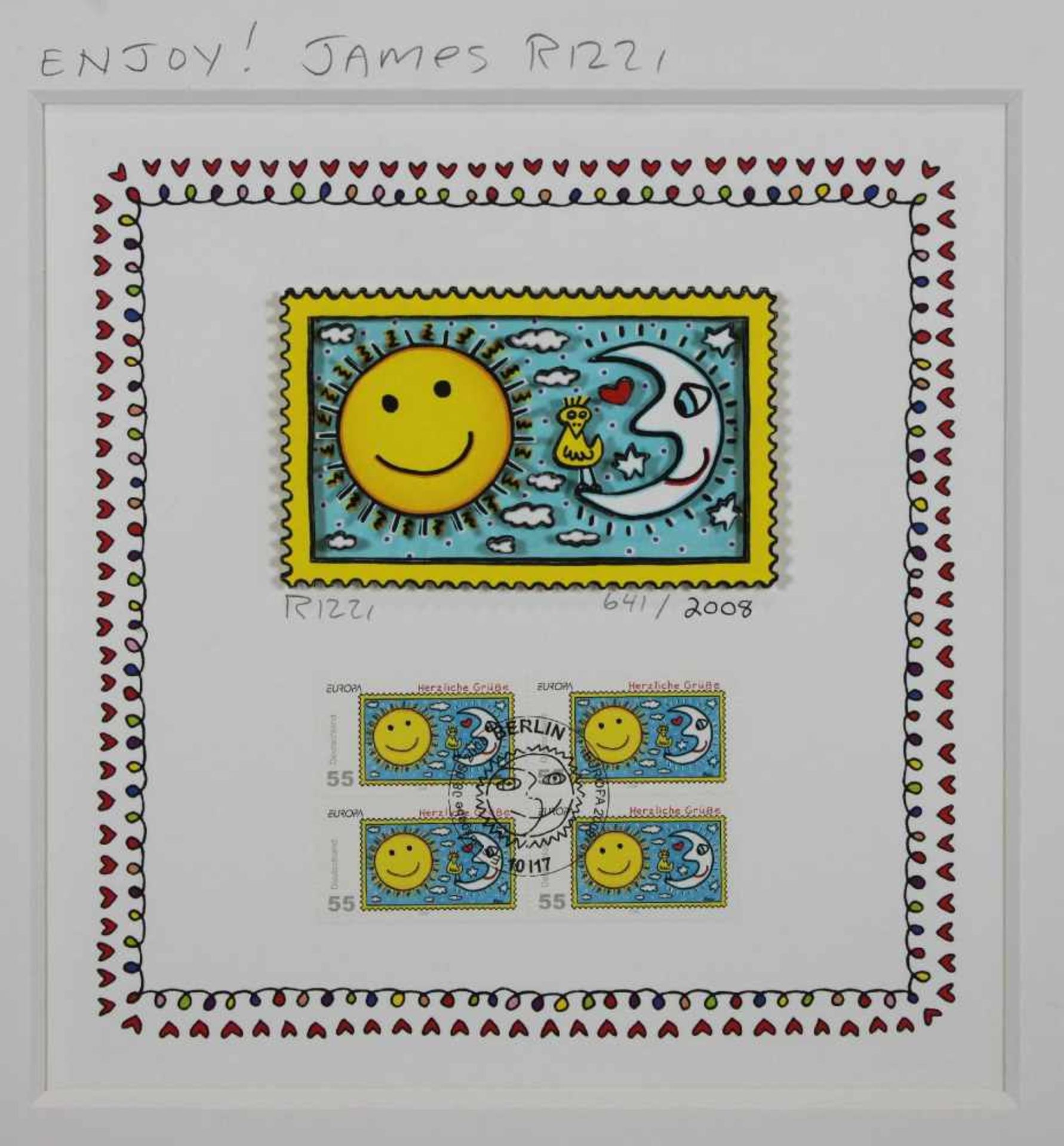 James Rizzi (1950 - 2011), Enjoy 2008, Zwei 3-D Lithografien in Farbe und Briefmarkenblöcken (2 x