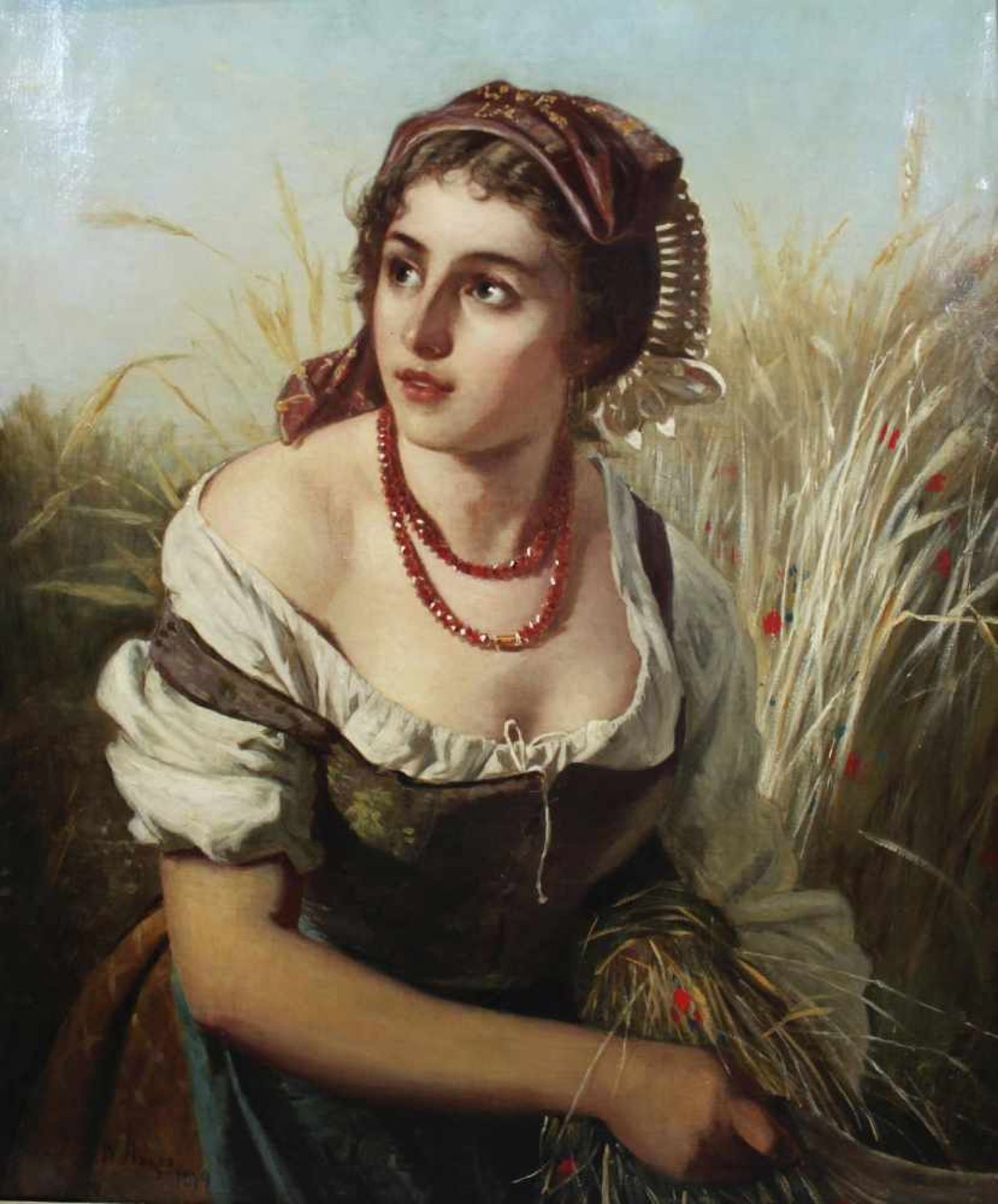 Künstler 19. Jh., Junge Bäuerin bei der Ernte, 1879, Öl a. Lwd., unten links sign. und dat.: W.