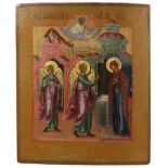 Verkündigung der Gottesmutter, Ikone, Russland, Ende 18. Jh., Holztafel mit zwei Rückseiten- und