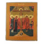 Kreuzigung Christi, Ikone, Russland, Holztafel mit zwei Rückensponki, partiell vergoldet. Maße: 30 x