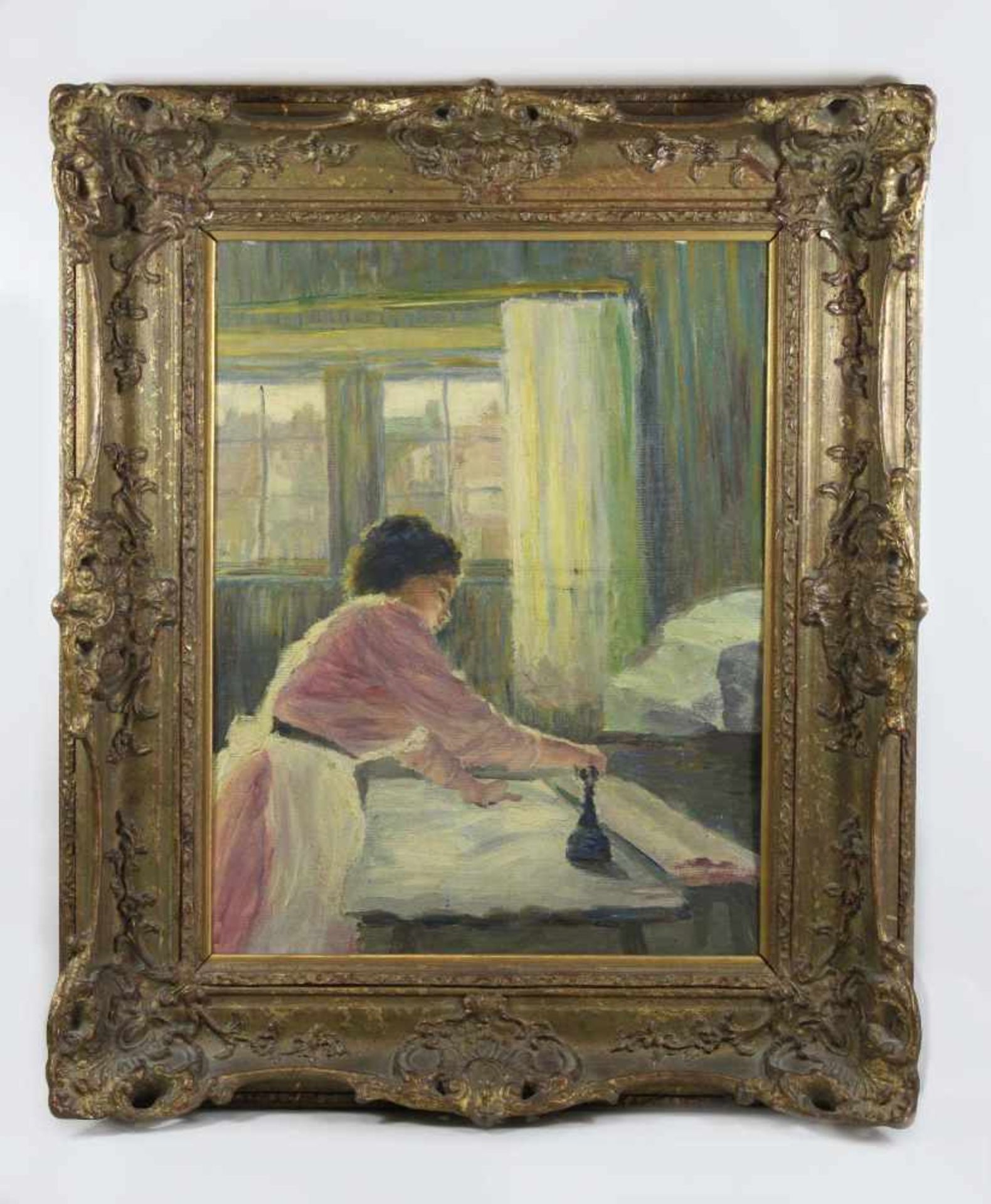 Anonymer Impressionist, Die Büglerin, um 1900, Öl a. Lwd. a. Karton aufgezogen, Maße: 47 x 35,5 - Bild 2 aus 2