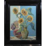 Stillleben mit Sonnenblumen und Fenster, Öl a. Lwd. a. Holz, un. links sign., Maße: 79 x 60,