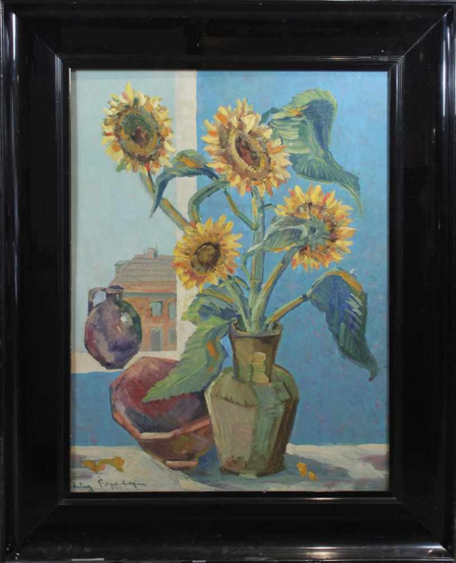 Stillleben mit Sonnenblumen und Fenster, Öl a. Lwd. a. Holz, un. links sign., Maße: 79 x 60,