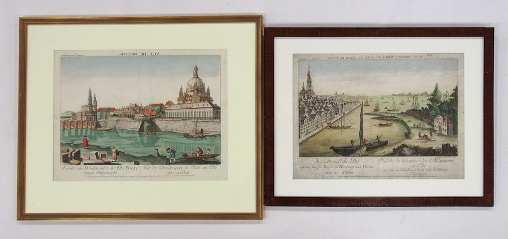Zwei Guckkastenblätter mit Dresden- und Hamburg-Ansichten
