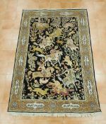 Teppich mit Jagdmotiven, Seide, Kashmir, 264 x 177 cm, Zustand B