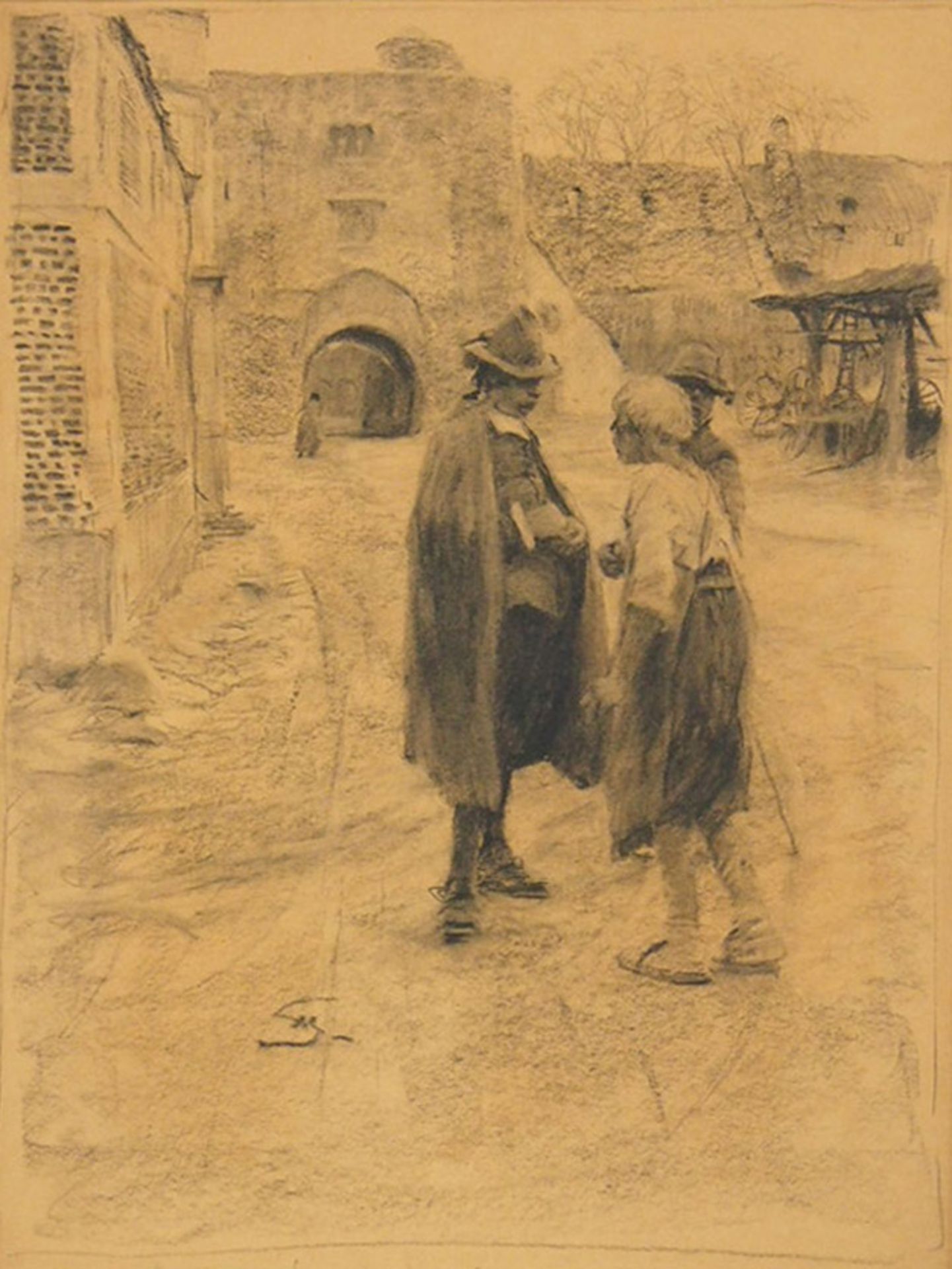 SCHREUER, Wilhelm1866-1933Vor dem StadttorKohle auf Papier, monogrammiert unten rechts, 56 x 42