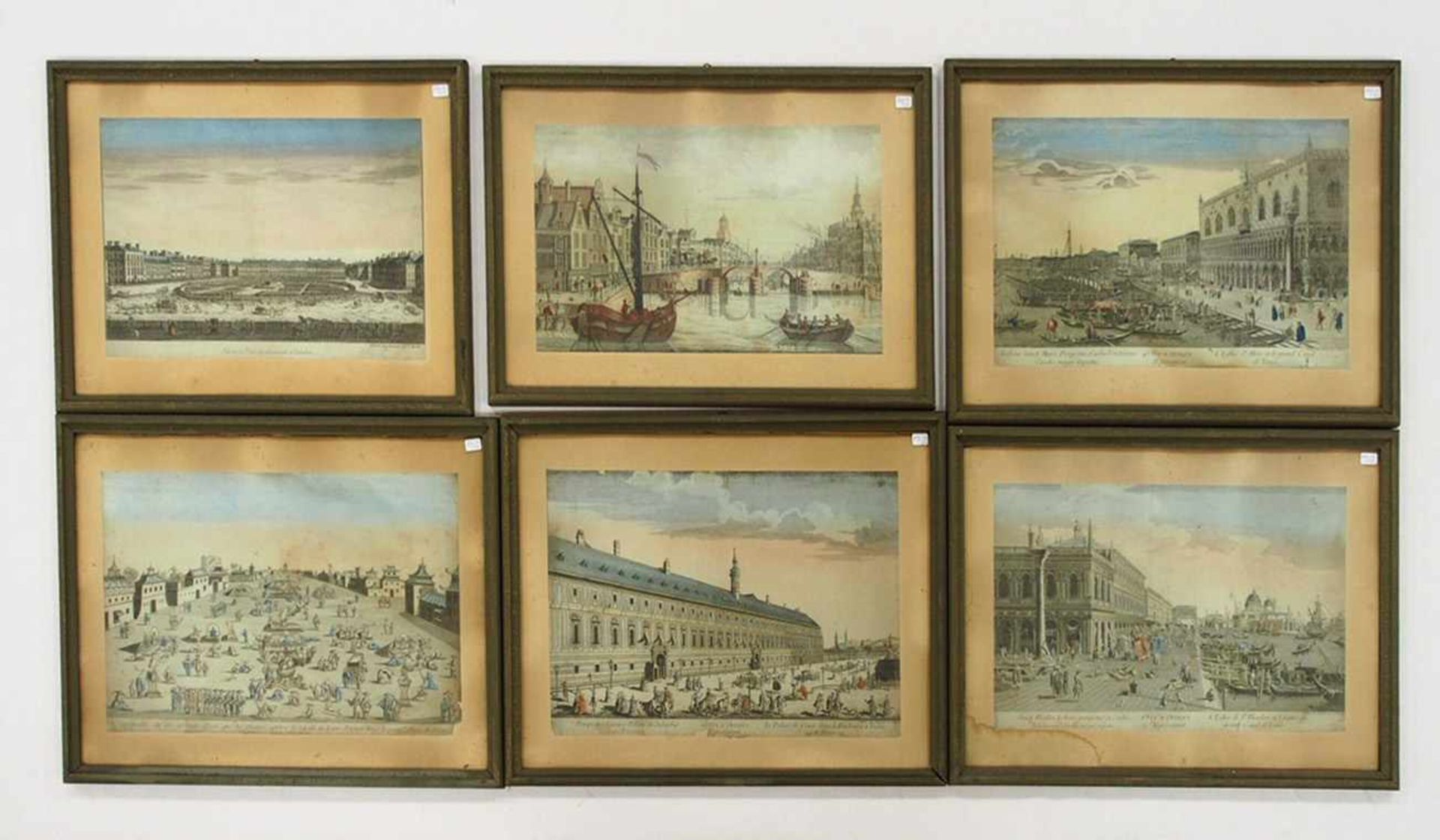 Sechs Guckkastenblätter 18. Jahrhundert "Ansichten aus Wien, Venedig, Peking etc."Kupferstiche,