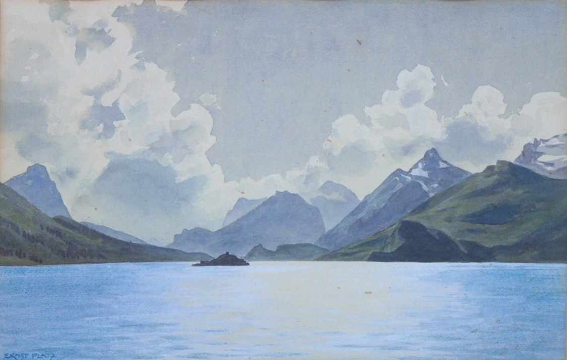 PLATZ, Ernst Heinrich1867-1940Gebirgssee mit InselAquarell auf Papier, signiert unten links, 27 x 41