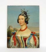 NEAPOLITANISCHER MEISTERum 1830Brustporträt einer jungen FrauÖl auf Leinwand, auf Holz gezogen, 48 x