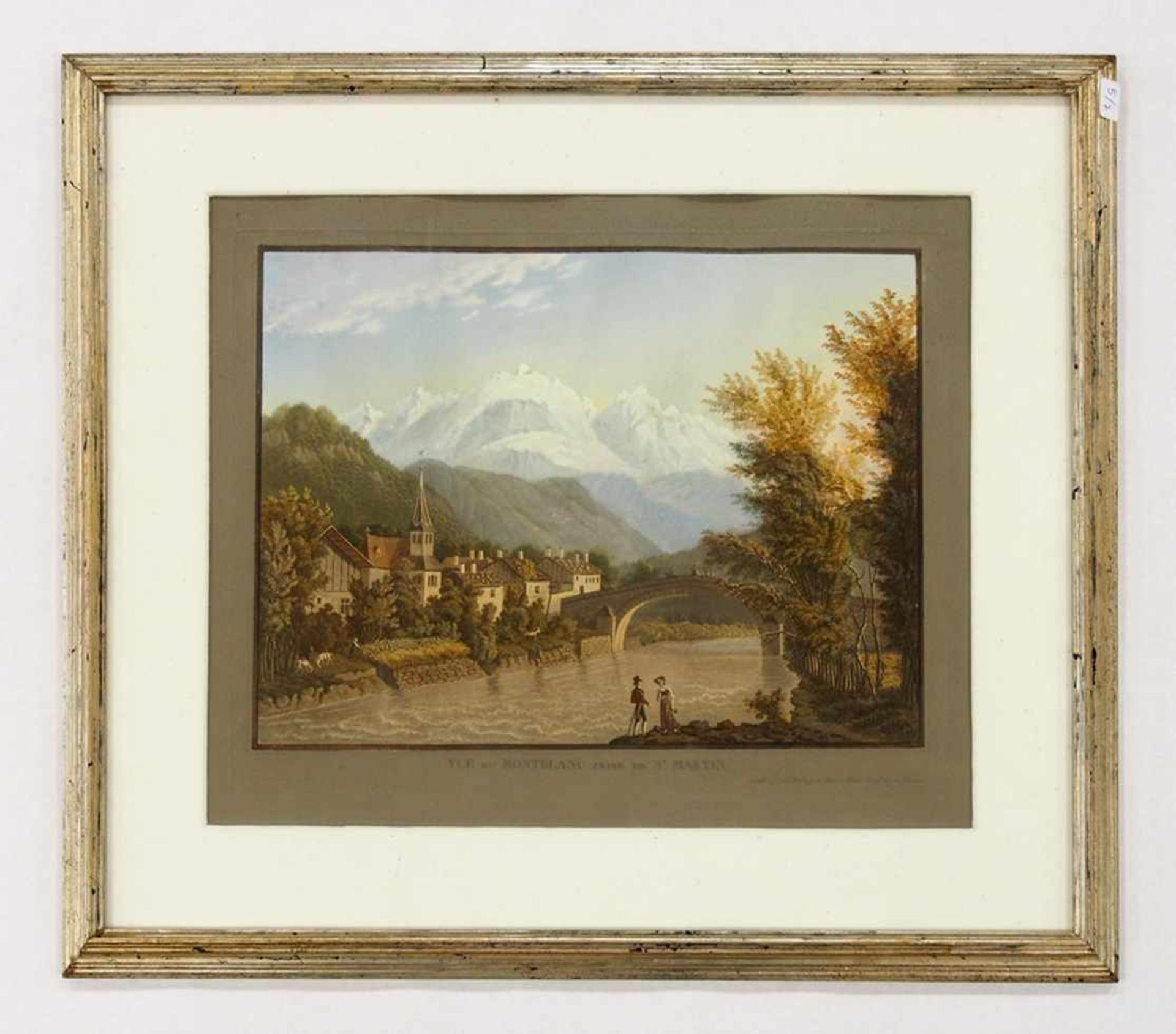 Vue du Montblanc prise de St. MartinAquatinta, handgouachiert von J.P. Lory, Bern, um 1824, 29 x - Bild 2 aus 2