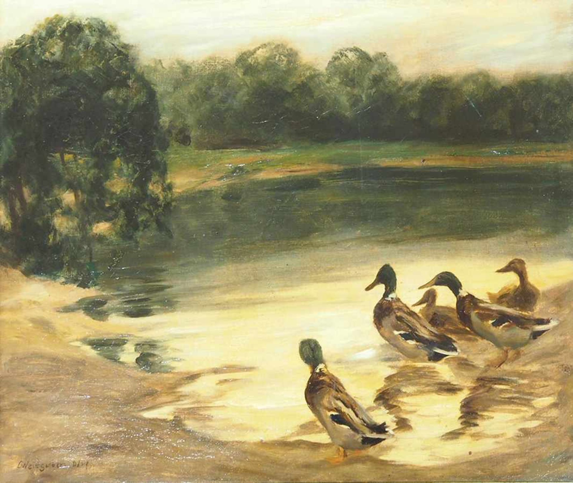 WEISSGERBER, Carl1891-1968Enten am WeiherÖl auf Platte, signiert unten links, 50 x 58,5 cm, Rahmen