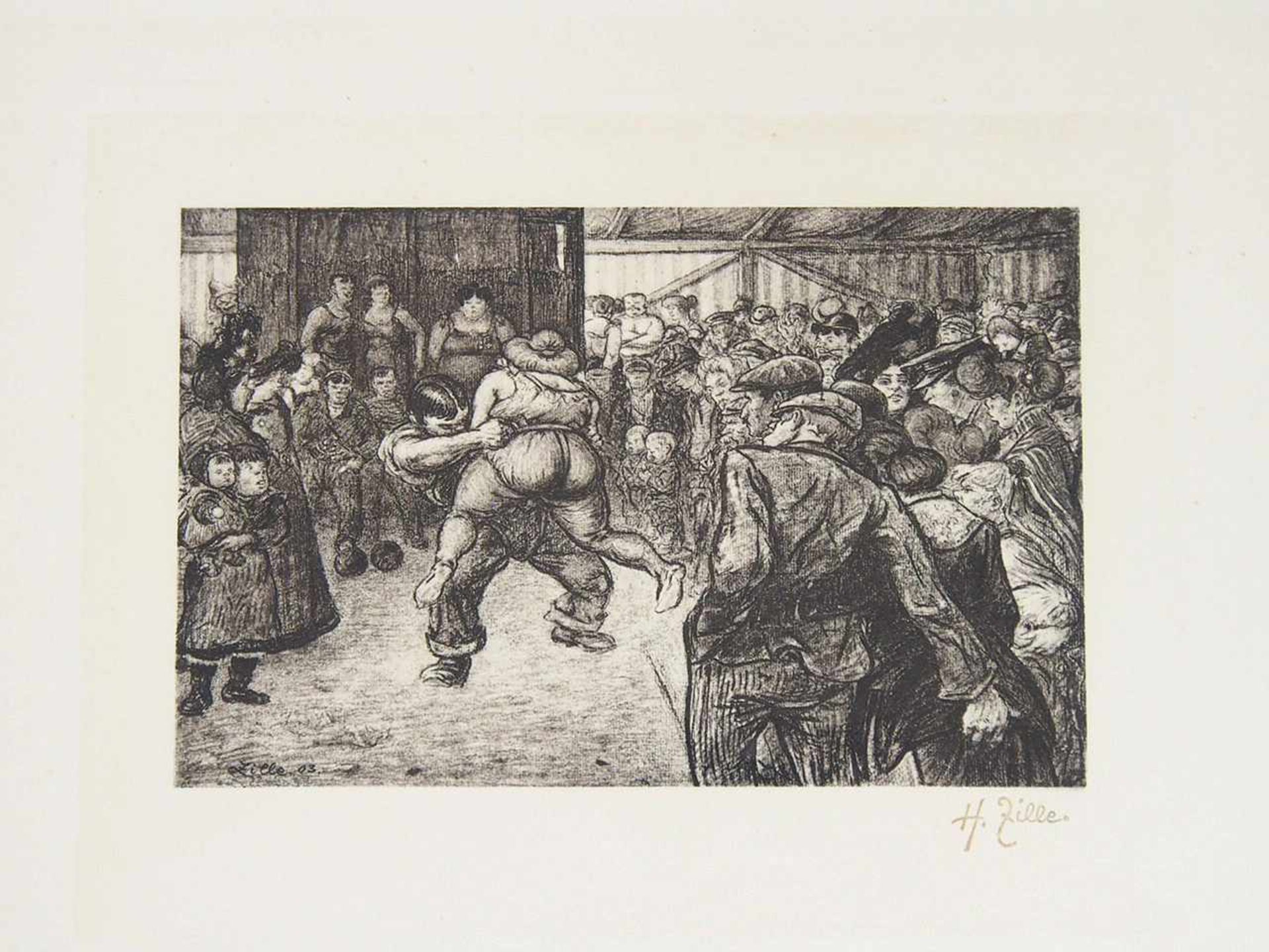 ZILLE, Heinrich1858-1929Ringkampf in der SchaubudeLithographie, 1903, Stempelsignatur unten - Bild 2 aus 2