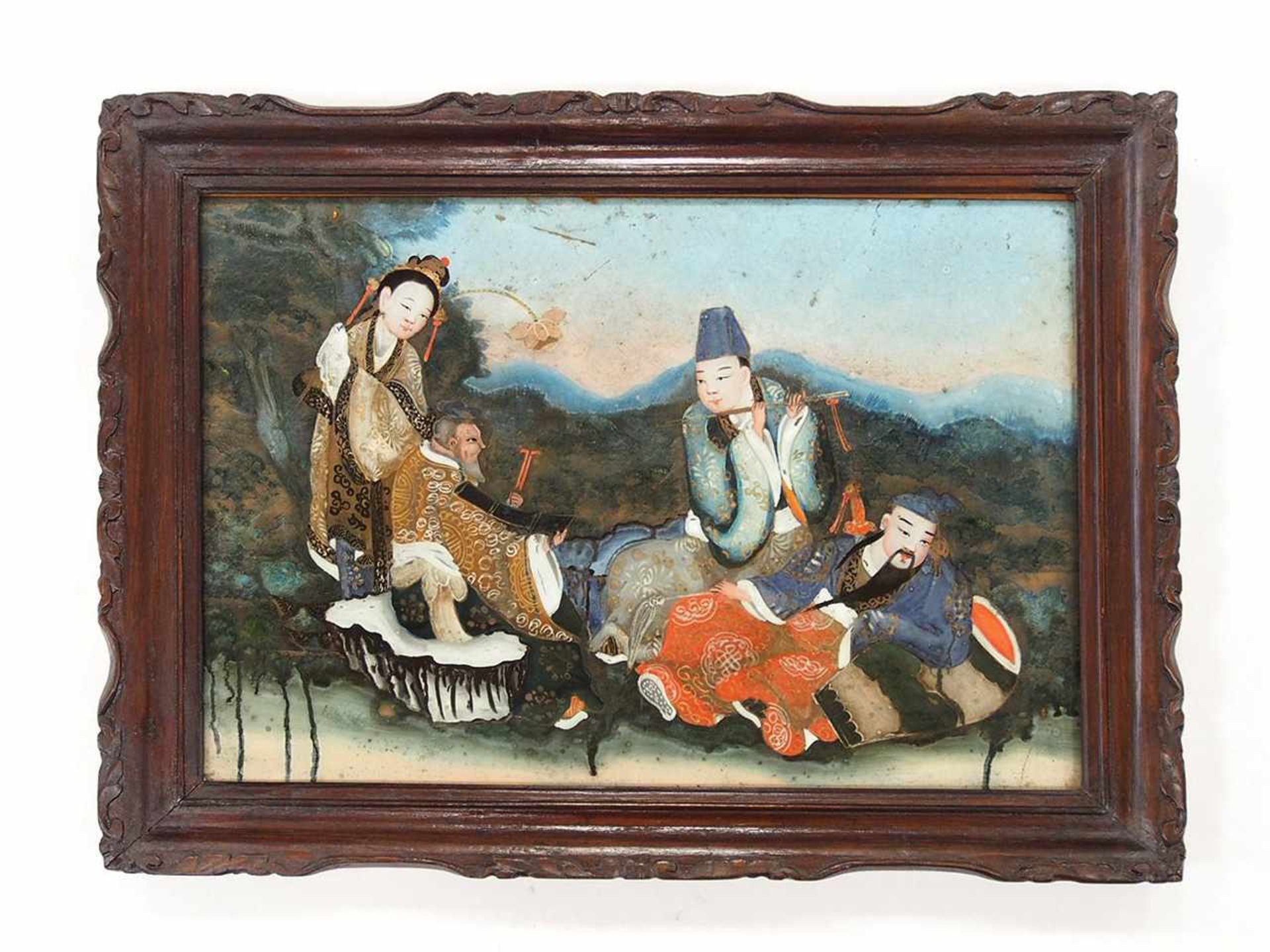 CHINESISCHER MEISTERAnfang 19. Jh.Pastorale SzeneHinterglasmalerei, 34 x 50 cm, Rahmen - Bild 2 aus 2