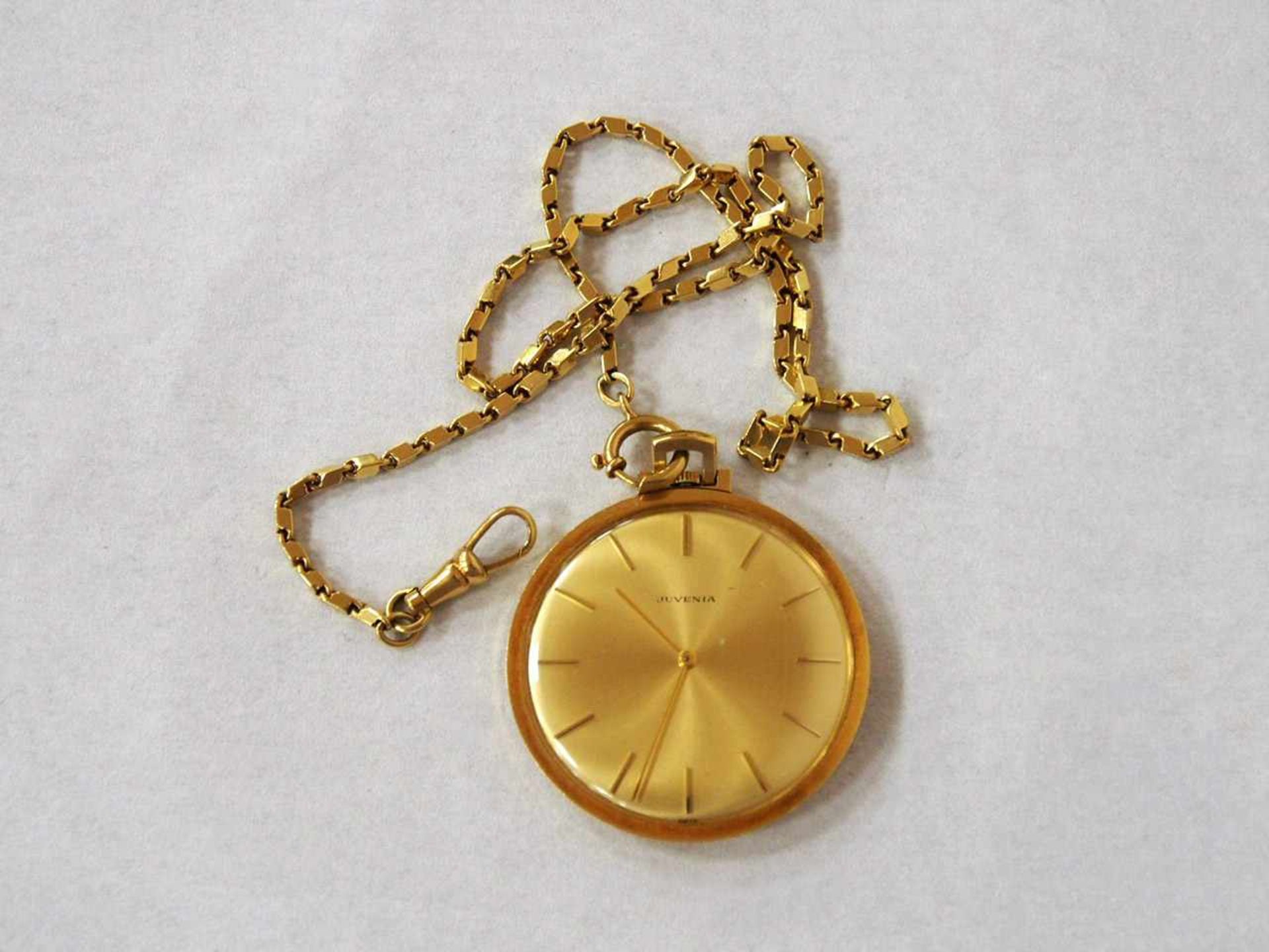 TaschenuhrGehäuse 750er Gold, Zifferblatt bezeichnet "Juvenia", Kronenaufzug, Uhrkette 750er Gold,